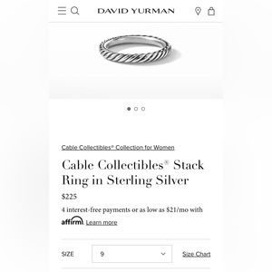 David Yurman Cable Collectibles Stack Ring in Sterling Silver. Women’s size 9.